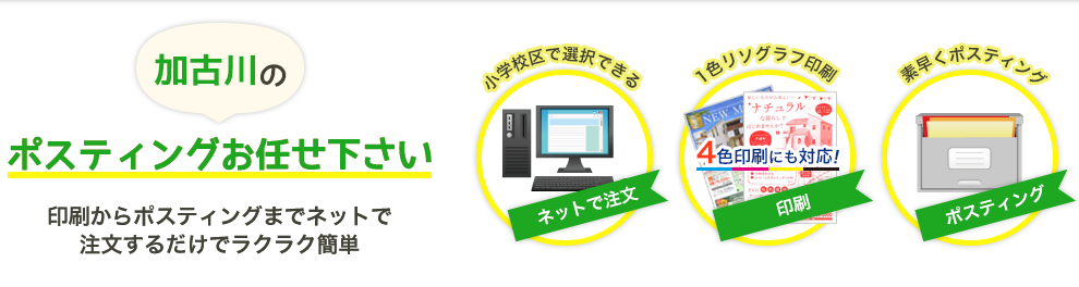 加古川のポスティングお任せ下さい・印刷からポスティングまでネットで注文するだけでラクラク簡単